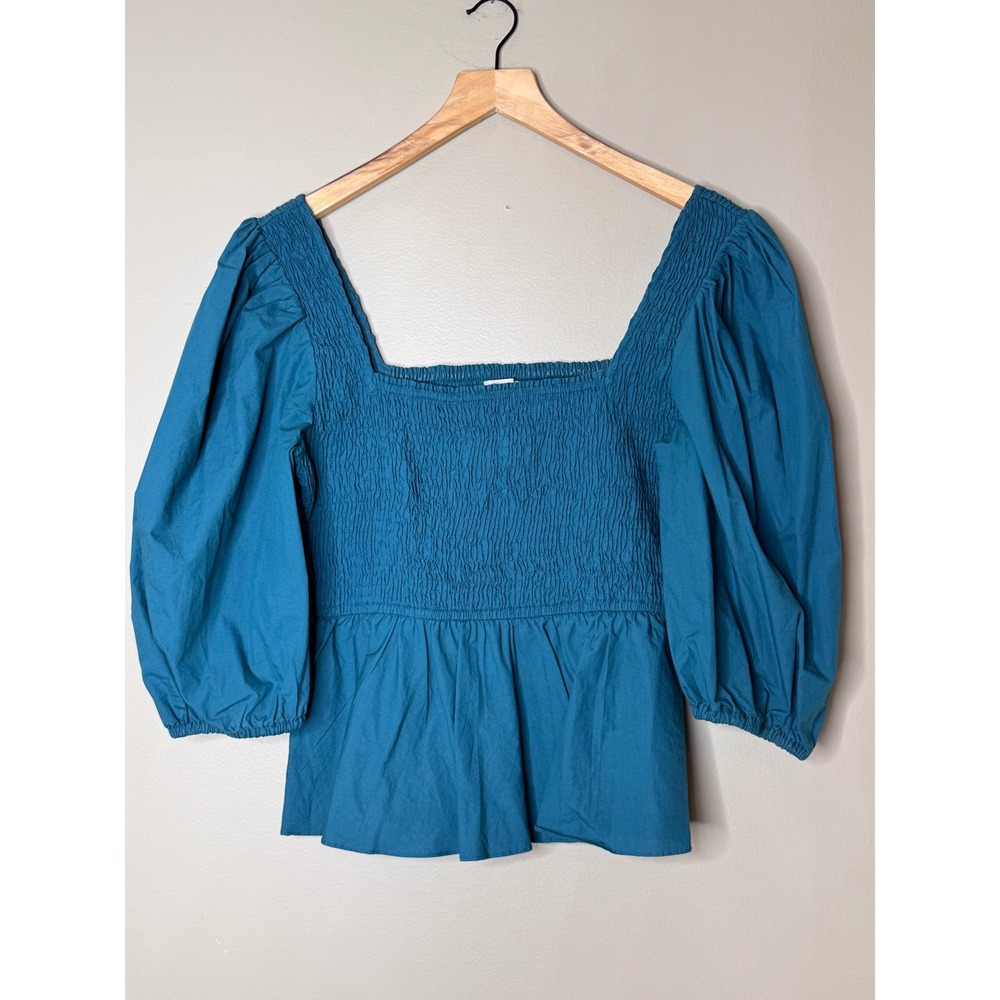 Olivia James The Label Blue Smocked Square Neck Puff Sleeve Peplum Top M